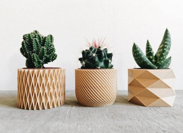 set de 3 mini pots cache pots geometriques imprimes en bois design hygge pour plantes grasses ou cactus cadeau original leonie et france collections