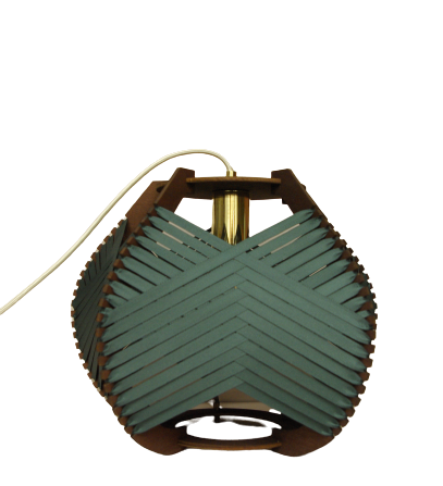 lampe artisanale a poser suspension de createur tissee ruban couleur vert foret en bois leonie et france