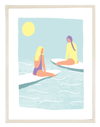 affiche mer couleur pastel bleu surfeuses surf planche leonie et france eshop de createurs