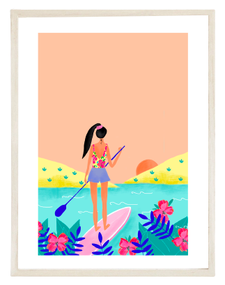 affiche soleil couchant jeune fille paddle lac couleur chaude leonie et france eshop de createurs