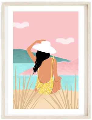 affiche illustration moderne design dessin plage femme chapeau mer idee cadeau leonie et france eshop de createurs min