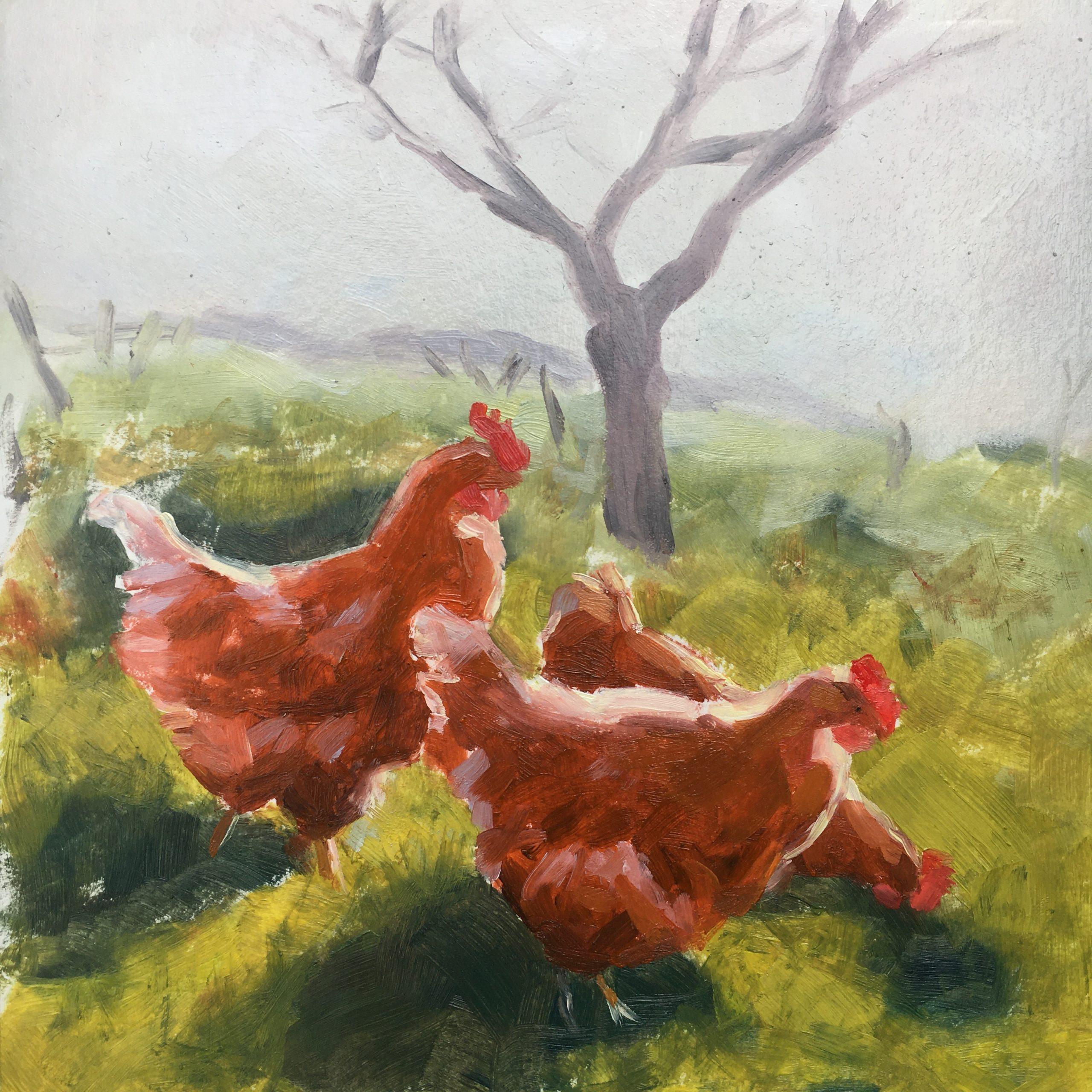 Peinture à l'huile sur papier 15x15 cm - Les poules - Léonie & France