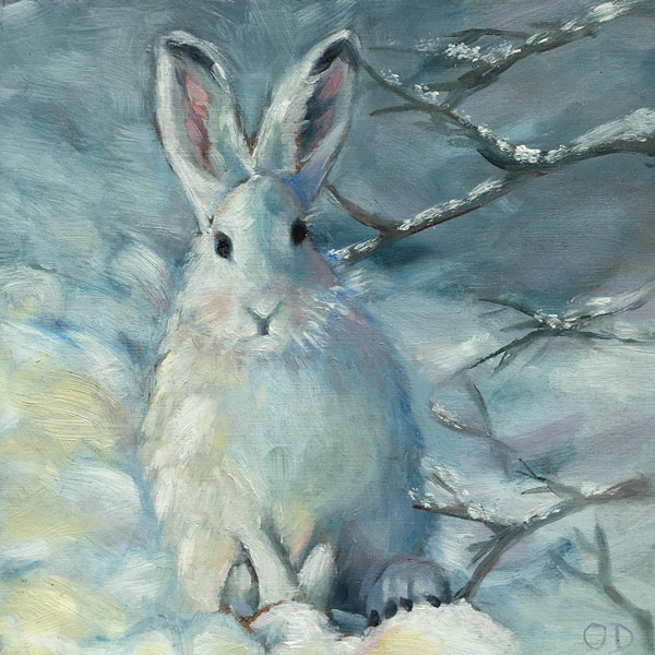 peinture huile lapin polaire dans la neige leonie et france eshop de createurs