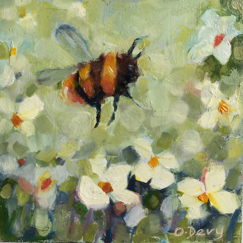 peinture huile originale jardin fleur blanche abeille leonie et france boutique en ligne art mural