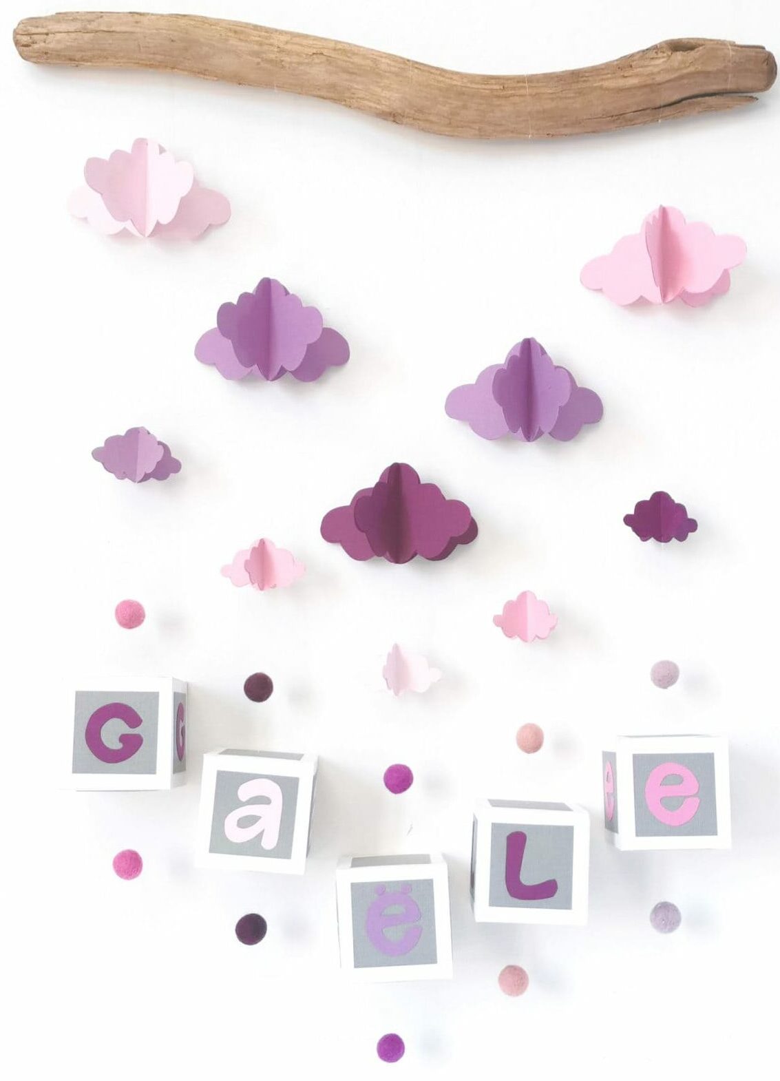 guirlande nuage origami couleur rose violet prenom personnalisable deco chambre enfant idee cadeau personnalise original leonie et france eshop de createurs mini