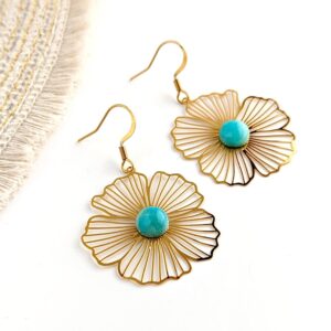 boucles d oreilles or fleur pierre fine turquoise amazonite idee cadeau original pour femme leonie et france eshop de bijou de createur francais