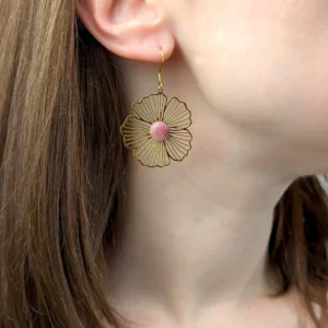 boucles d oreilles or pendantes fleur pierre fine rose leonie et france eshop de bijoux de createurs francais