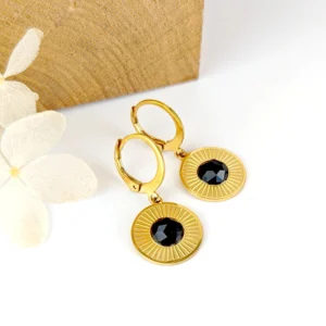 boucles d oreilles pendantes femme or pierre noire idee cadeau pour femmes leonie et france eshop de bijou de createur francais