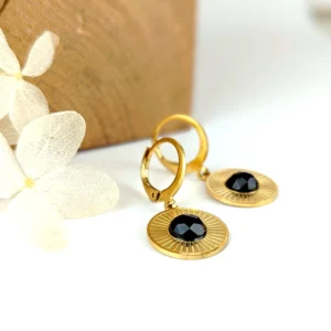 boucles d oreilles pendantes femme or pierre noire idee cadeau pour femmes leonie et france eshop de bijoux de createurs francais