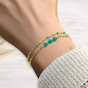 bracelet double chaine pierre verre turquoise idee cadeau original femme leonie et france eshop de bijoux de createurs francais