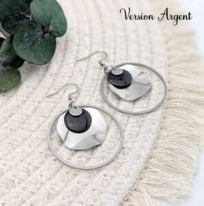 boucles d oreilles argent longues pendantes anneau pastille ondulee sequin noir leonie et france eshop de createurs francais