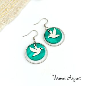 boucles d oreilles femme pendantes argent pastille nacre verte emeraude oiseau colibri leonie et france eshop de createurs francais