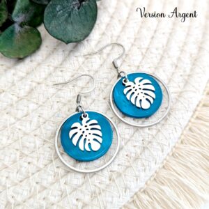 boucles d oreilles longues pastille bleue feuille monstera idee cadeau femme leonie et france eshop de createurs francais