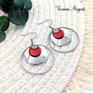 boucles d oreilles longues pendantes argent pastille ondulee sequin rouge leonie et france eshop de bijoux de createurs francais