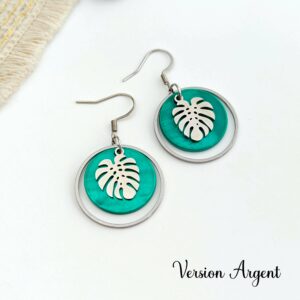 boucles d oreilles pendantes femme argent pastille verte feuille monstera leonie et france eshop de createurs francais