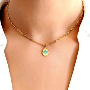 collier femme chaine perlee or pendentif forme goutte pierre fine turquoise amazonite leonie et france eshop de createurs francais