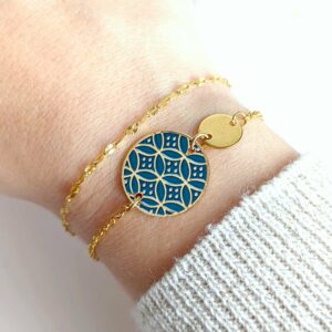 bracelet femme or bleu motif japonais art deco leonie et france eshop de bijoux de createurs francais